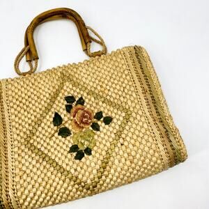 Vintage Mister Ernest weaved floral straw bamboo handle tote bag